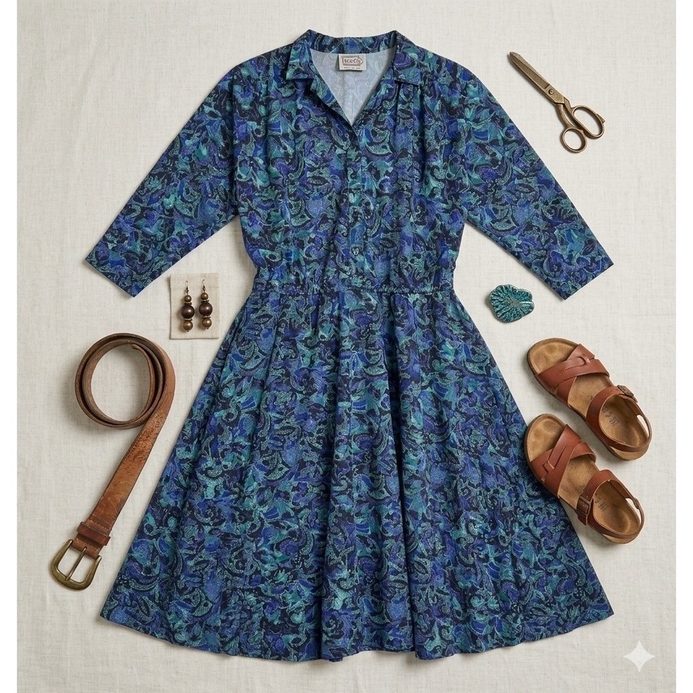 Vtg California Looks Blue Abstract Swirl Midi Shirtdress 3/4 Sleeve No Belt Sz S
